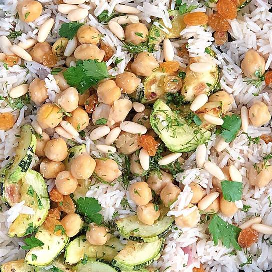 Arroz basmati, grão-de-bico, abobrinha 